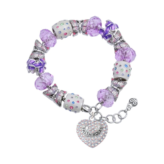 Delight Jewelry Silvertone Faith Rocks on AB Crystal Heart Purple Butterfly Bead Charm Bracelet, 7"+1" Extender