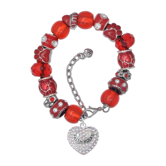 Delight Jewelry Silvertone Faith Rocks on AB Crystal Heart Red Paw Print Bead Bracelet, 7"+2"