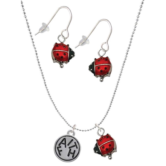 Delight Jewelry Silvertone Faith in Circle Red Lucky Ladybug Necklace and Dangle Earrings Set