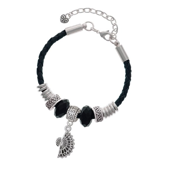 Delight Jewelry Silvertone Fan with AB Crystal Best Friend Celtic Knot Leather Bead Bracelet, 7"+2" Extender