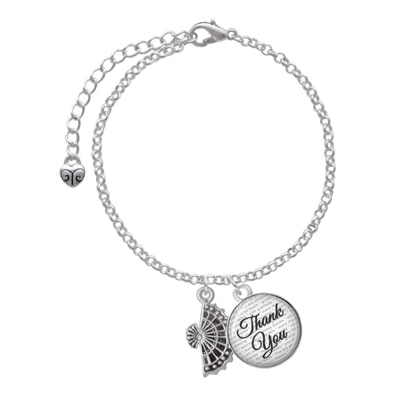 Delight Jewelry Silvertone Fan with AB Crystal - Domed Thank You Charm Bracelet, 6"+2"