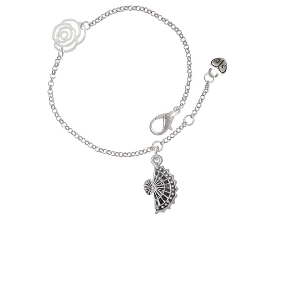 Delight Jewelry Silvertone Fan with AB Crystal Silver-tone Rose Link Chain Bracelet, 6.25"+1.75" Extender