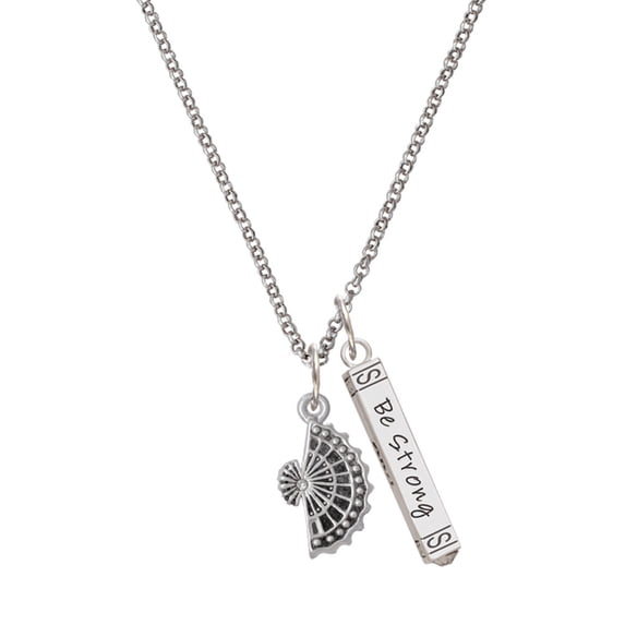 Delight Jewelry Silvertone Fan with AB Crystal Silvertone Be Strong and Courageous Bar Charm Necklace, 23"