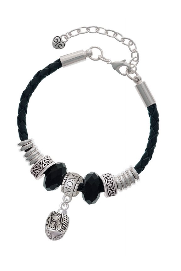 Silvertone Fancy Geometric Pattern Spinner Mom Celtic Knot Leather Bead Bracelet, 7"+2" Extender