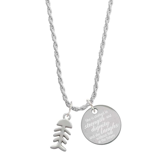 Delight Jewelry Silvertone Fish Bones She is Clothed in Stength and Dignity Charm Necklace, 20"+3"