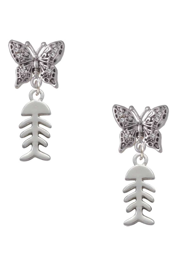 Silvertone Fish Bones Silvertone Antiqued Butterfly Post Earrings