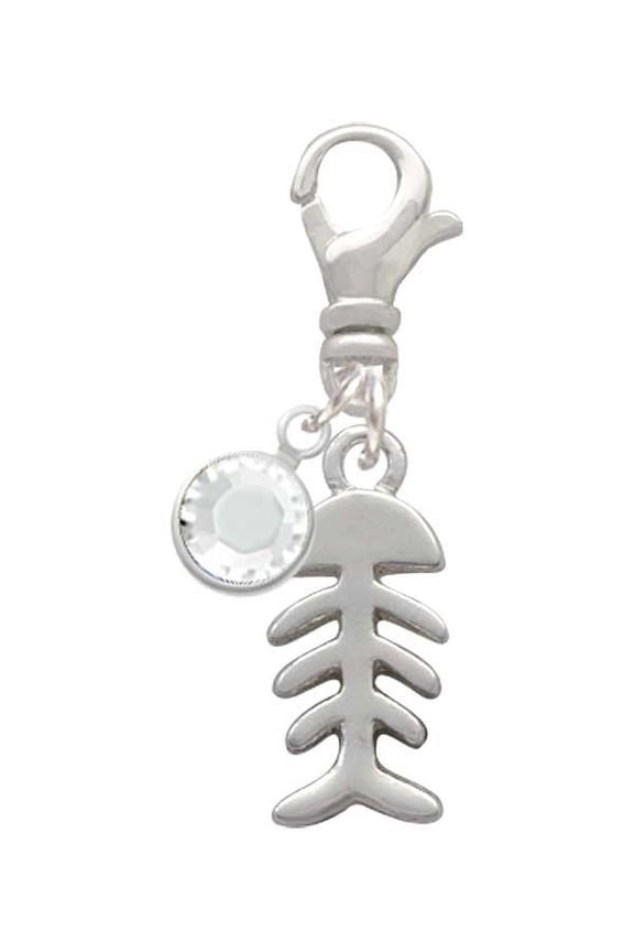 Silvertone Fish Bones - Silvertone Clip on Charm with Clear Crystal Drop