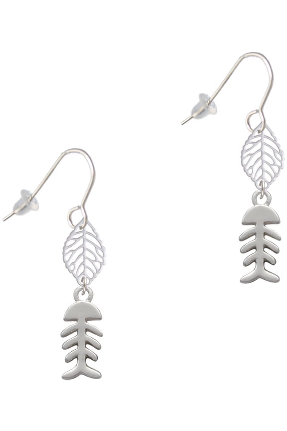 Silvertone Fish Bones Silvertone Leaf French Earrings