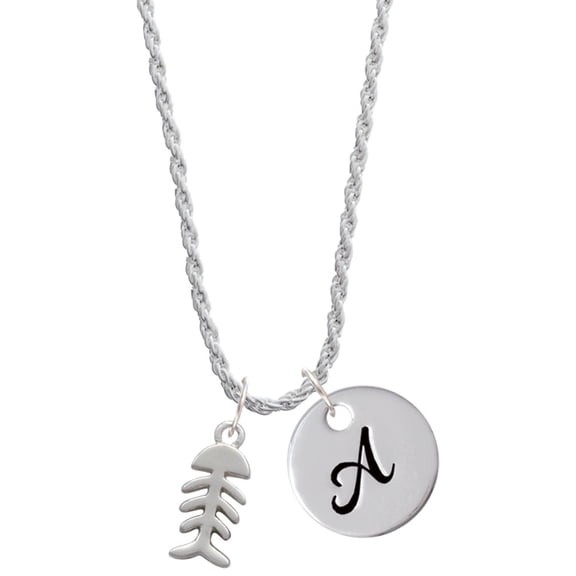 Delight Jewelry Silvertone Fish Bones Silvertone Script Initial Disc - A - Charm Necklace, 20"+3"