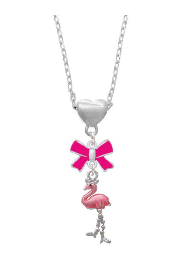 Silvertone Flamingo with Dangle Legs Hot Pink Bow Heart Necklace