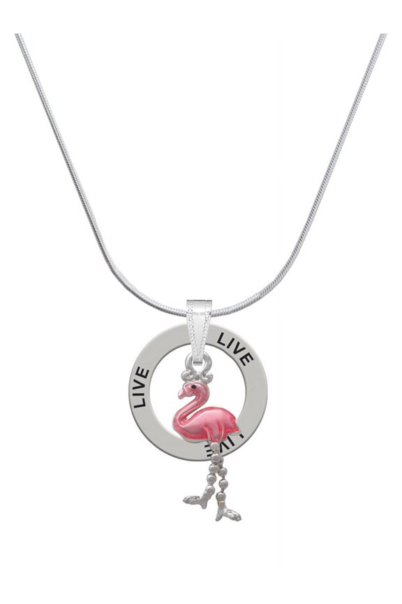 Silvertone Flamingo with Dangle Legs Live Ring Charm Necklace, 18"