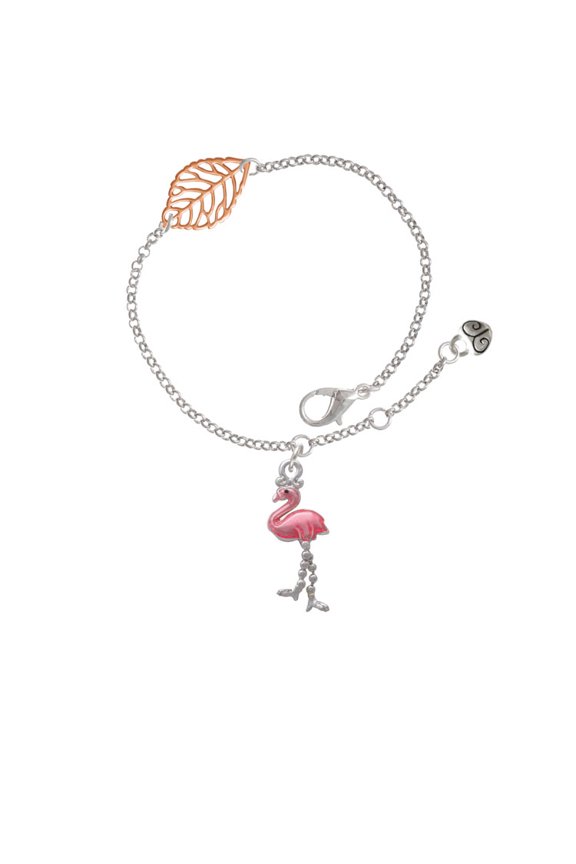 Silvertone Flamingo with Dangle Legs - Rose Goldtone Leaf Delicate Bracelet, 6.25+1.75"