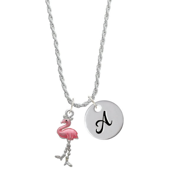 Delight Jewelry Silvertone Flamingo with Dangle Legs Silvertone Script Initial Disc - A - Charm Necklace, 20"+3"