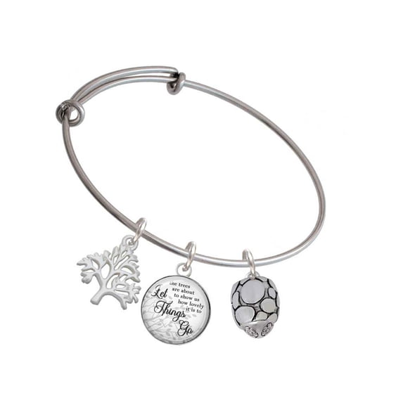 Delight Jewelry Silvertone Flat Pebbles Spinner Silvertone Let Things Go Tree Charm Bangle Bracelet