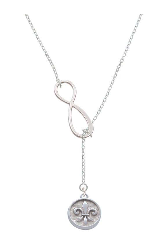 Silvertone Fleur di Lis - Round Seal Silver tone Elegant Infinity Lariat Necklace
