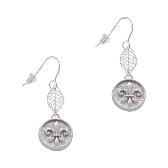 Delight Jewelry Silvertone Fleur di Lis - Round Seal Silvertone Leaf French Earrings