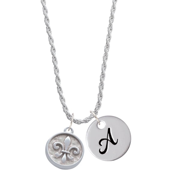 Delight Jewelry Silvertone Fleur di Lis - Round Seal Silvertone Script Initial Disc - A - Charm Necklace, 20"+3"