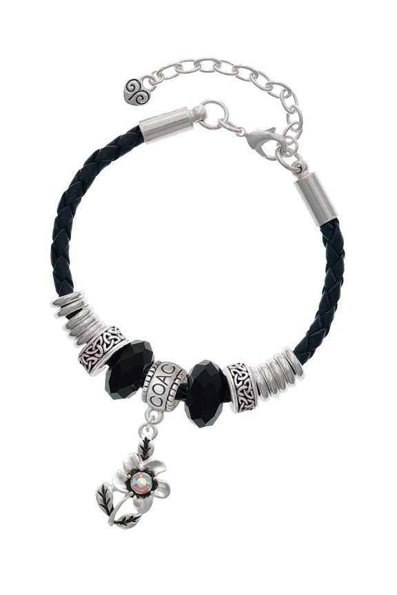 Silvertone Flower with AB Crystal Coach Celtic Knot Leather Bead Bracelet, 7"+2" Extender