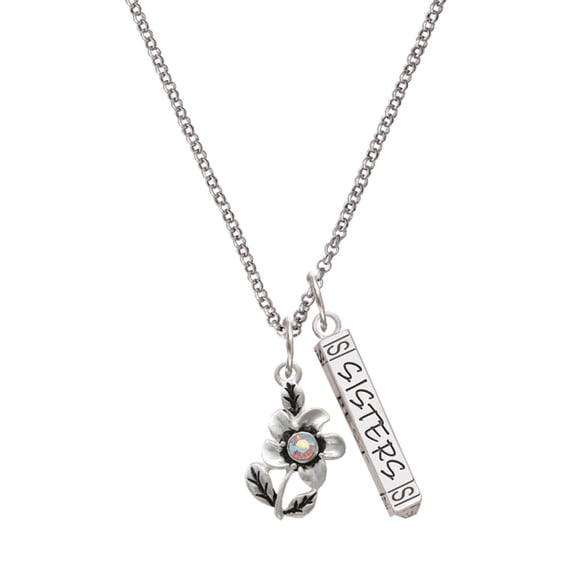 Delight Jewelry Silvertone Flower with AB Crystal Silvertone Sisters Best Friends Forever Bar Charm Necklace, 23"