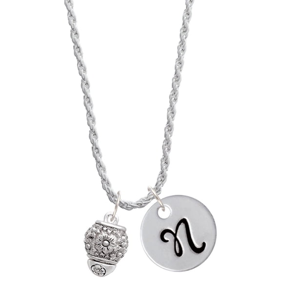 Delight Jewelry Silvertone Flowers Spinner Silvertone Script Initial Disc - N - Charm Necklace, 20"+3"