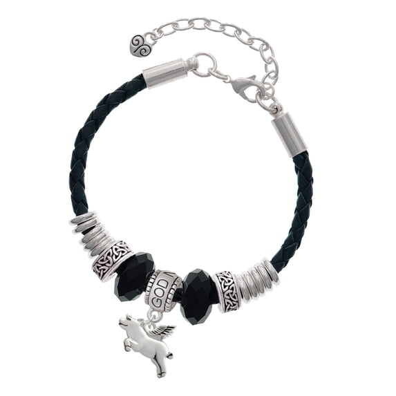 Delight Jewelry Silvertone Flying Pig Godmother Celtic Knot Leather Bead Bracelet, 7"+2" Extender