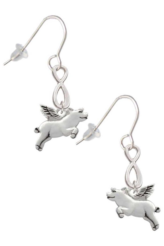 Silvertone Flying Pig Silver tone Infinity French Earrings