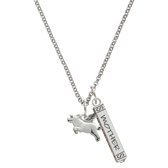 Delight Jewelry Silvertone Flying Pig Silvertone Mother Daughter Bar Charm Necklace, 23"