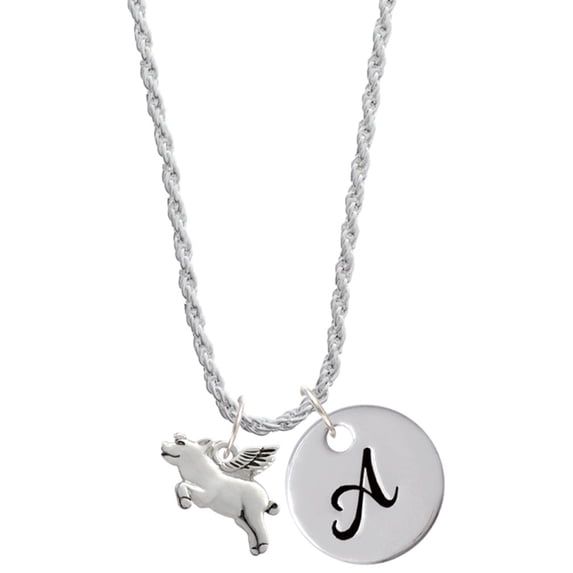 Delight Jewelry Silvertone Flying Pig Silvertone Script Initial Disc - A - Charm Necklace, 20"+3"