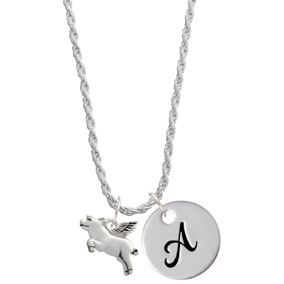 Delight Jewelry Silvertone Flying Pig Silvertone Script Initial Disc - A - Charm Necklace, 20"+3"