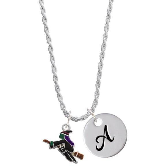 Delight Jewelry Silvertone Flying Witch Silvertone Script Initial Disc - A - Charm Necklace, 20"+3"