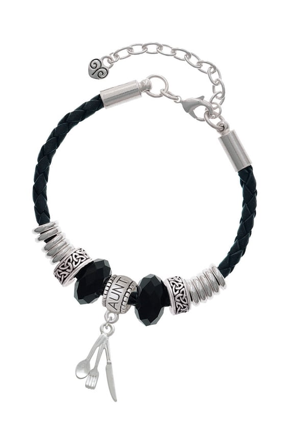 Silvertone Fork Knife and Spoon Aunt Celtic Knot Leather Bead Bracelet, 7"+2" Extender