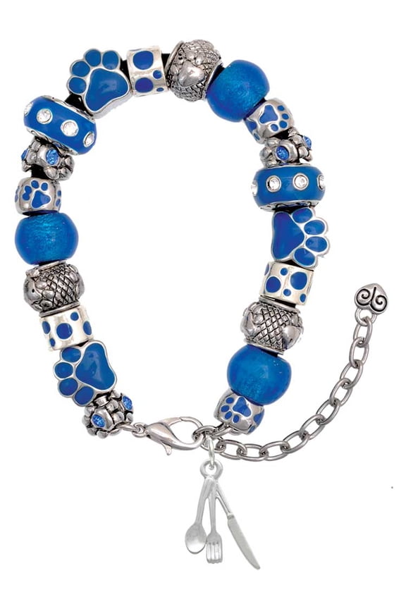 Silvertone Fork Knife and Spoon Blue Paw Print Bead Bracelet, 7"+2"