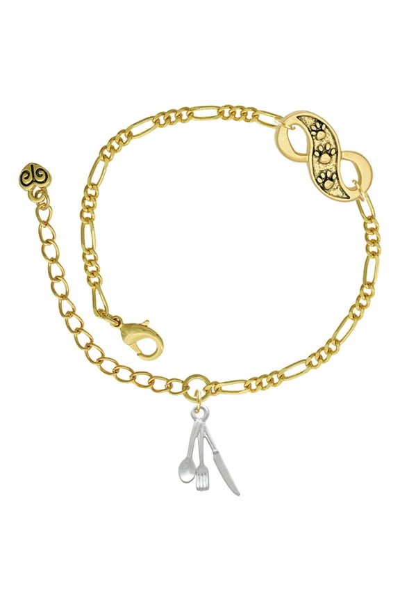 Silvertone Fork Knife and Spoon Gold-tone Paw Infinity Link Chain Bracelet, 6"+2" Extender