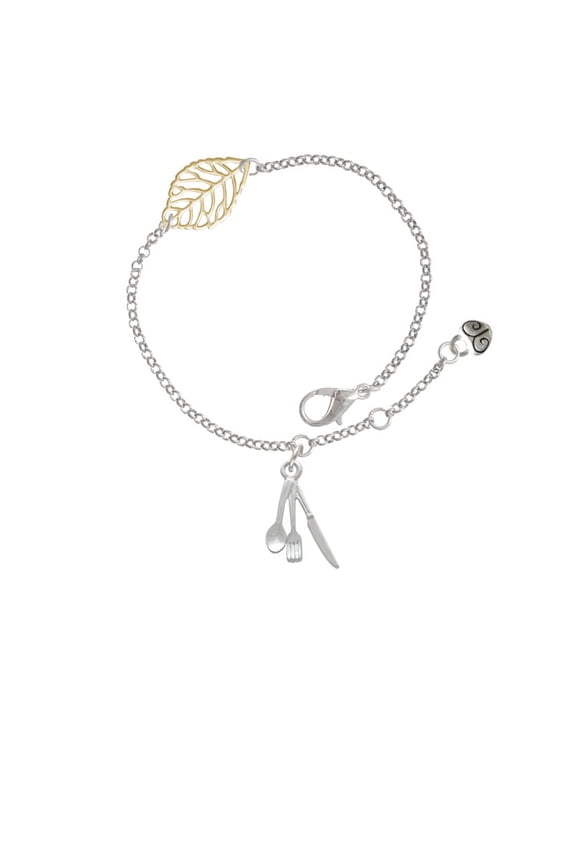 Silvertone Fork Knife and Spoon - Goldtone Leaf Delicate Bracelet, 6.25+1.75"