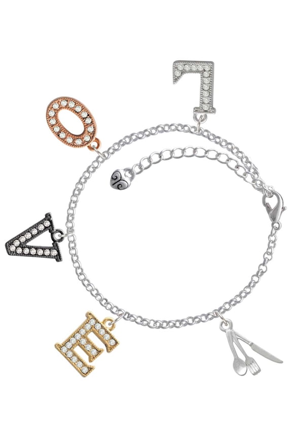 Silvertone Fork Knife and Spoon Multi-Colored Crystal Love Charm Bracelet