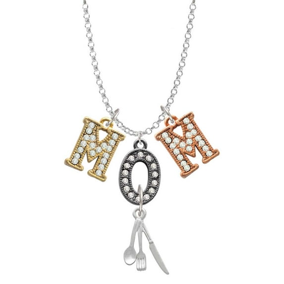 Delight Jewelry Silvertone Fork Knife and Spoon Multi-Colored Crystal Mom Charm Necklace