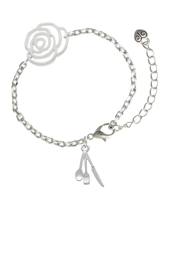 Silvertone Fork Knife and Spoon Silver-tone Flower Link Chain Bracelet, 6.75"+2" Extender