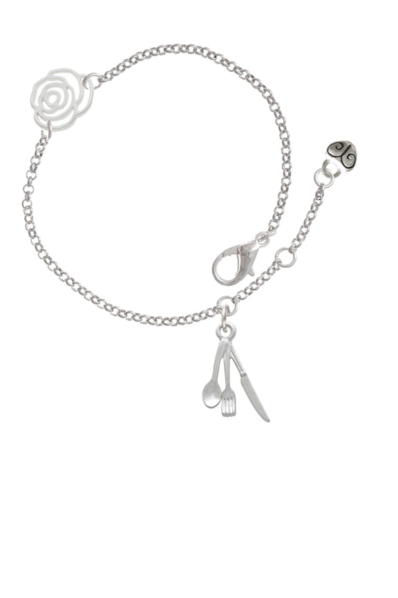 Silvertone Fork Knife and Spoon Silver-tone Rose Link Chain Bracelet, 6.25"+1.75" Extender