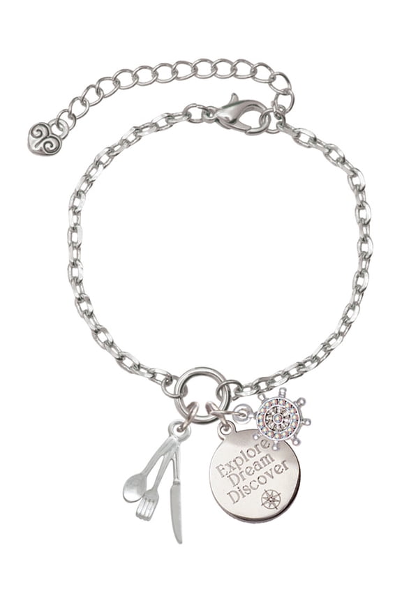Silvertone Fork Knife and Spoon Silvertone Discover Dream Explore Zoey Charm Bracelet, 6.5+2" Extender