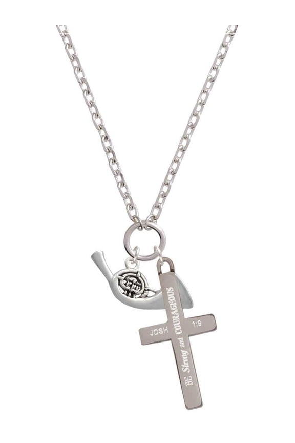 Silvertone French Horn Be Strong and Courageous Engraved Cross Zoey Necklace, 28"