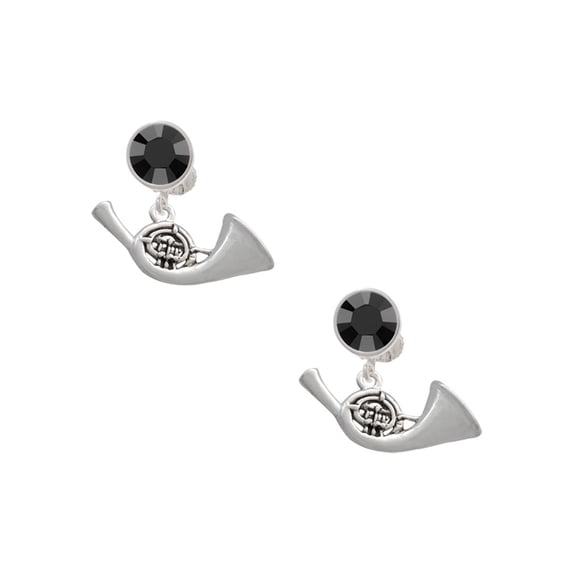 Delight Jewelry Silvertone French Horn Black Crystal Clip on Earrings