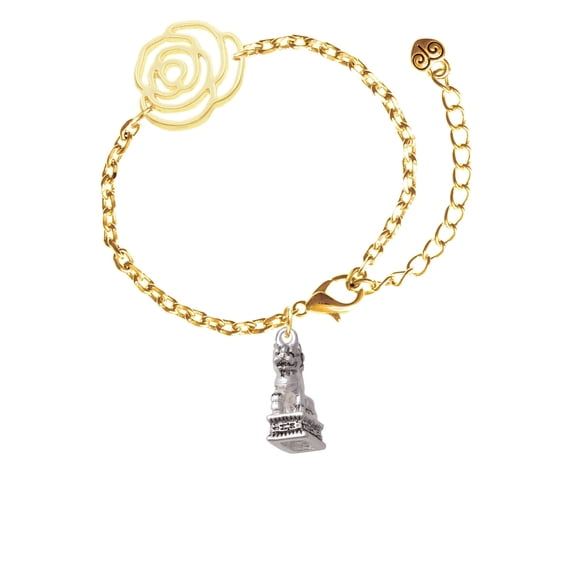 Delight Jewelry Silvertone Fu Dog Gold-tone Flower Link Chain Bracelet, 6.75"+2" Extender