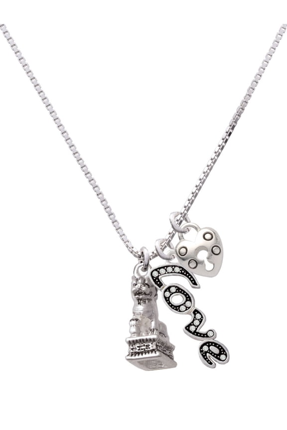 Silvertone Fu Dog - Love and Lock Charm Necklace, 18"+1"