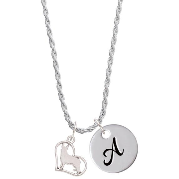 Delight Jewelry Silvertone German Shepard Silhouette Heart Silvertone Script Initial Disc - A - Charm Necklace, 20"+3"