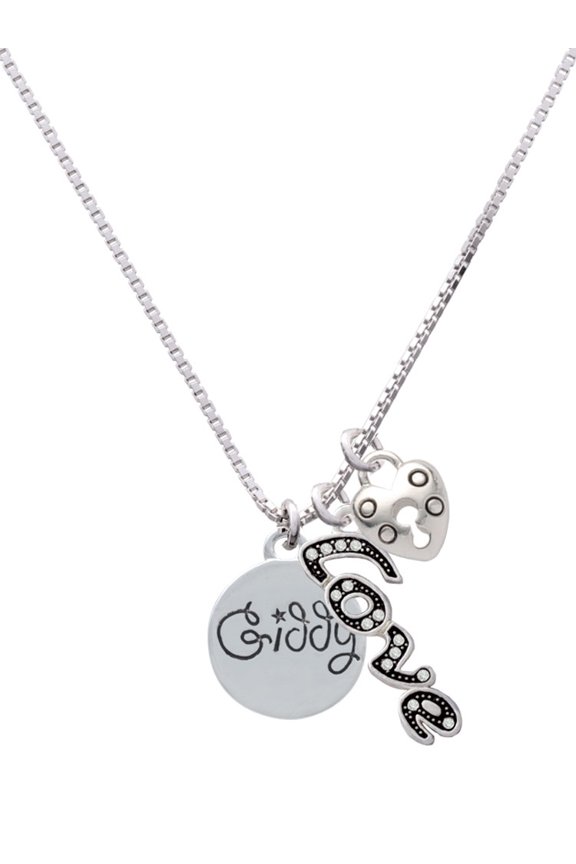 Silvertone Giddy Circle - Love and Lock Charm Necklace, 18"+1"