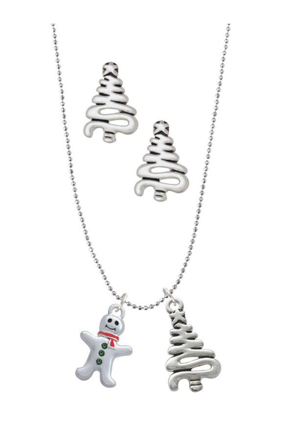 Silvertone Gingerbread Man with Red Scarf Silver tone Zig Zag Christmas Tree Charm Necklace and Stud Earrings