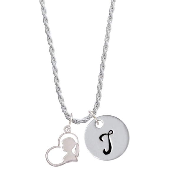Delight Jewelry Silvertone Girl Silhouette in Heart Silvertone Script Initial Disc - T - Charm Necklace, 20"+3"