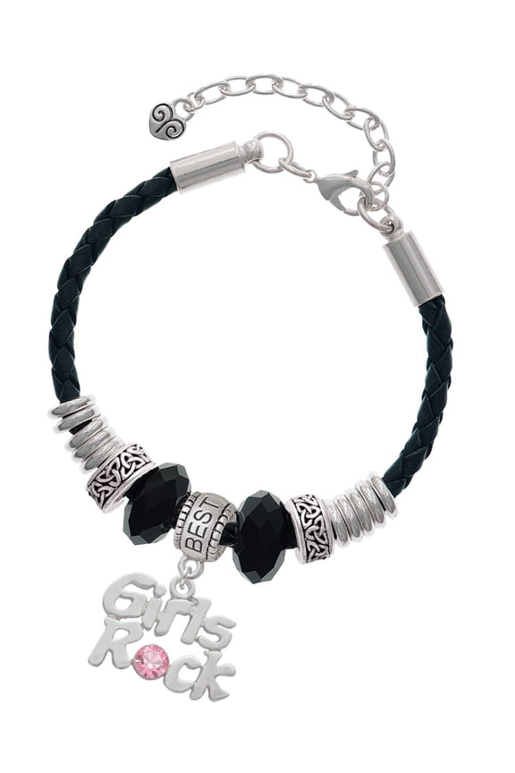 Silvertone Girls Rock with Light Pink Crystal Best Friend Celtic Knot Leather Bead Bracelet, 7"+2" Extender