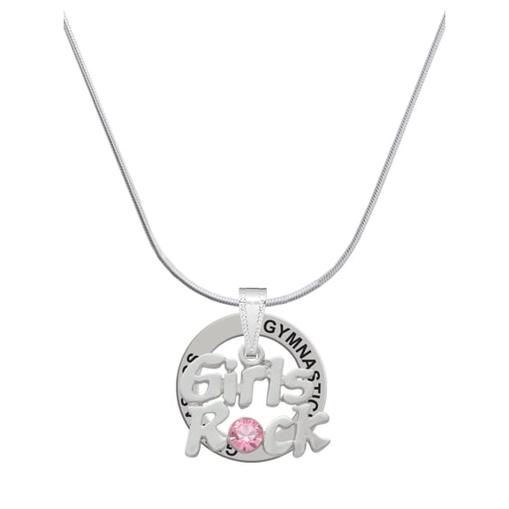 Delight Jewelry Silvertone Girls Rock with Light Pink Crystal Gymnastics Ring Charm Necklace, 18"
