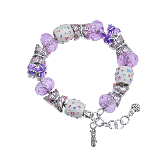 Delight Jewelry Silvertone Goalie Purple Butterfly Bead Charm Bracelet, 7"+1" Extender